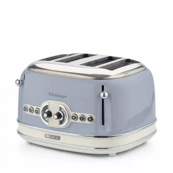Ariete 156 4-sneden vintage toaster, 1600 watt, 6 bruiningsstanden, gelakt roestvrijstaal in pastelblauw, zonder sandwichmandjes. Blauw