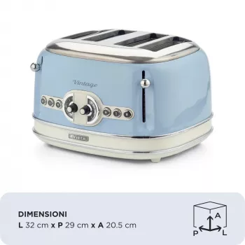 Ariete 156 4-sneden vintage toaster, 1600 watt, 6 bruiningsstanden, gelakt roestvrijstaal in pastelblauw, zonder sandwichmandjes. Blauw