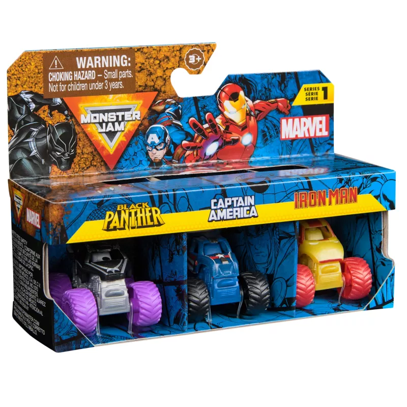 Monster Jam, Marvel Mini Monstertruck 3-pack, Zwarte Panter, Captain America, Iron Man die-cast monstertrucks, schaal 1:87, speelgoed voor jongens vanaf 3 jaar