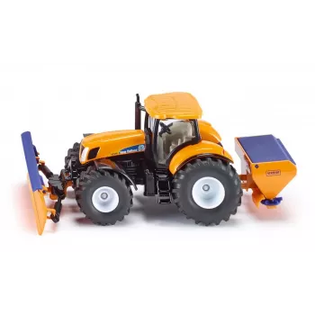 Siku tractor met schuifblad en strooier, tractormodel, voorgemonteerd, 1:50, metaal, kunststof, 3 jaar, zwart, blauw, oranje
