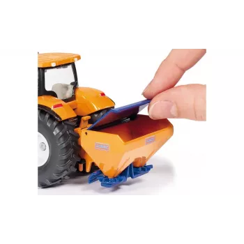 Siku tractor met schuifblad en strooier, tractormodel, voorgemonteerd, 1:50, metaal, kunststof, 3 jaar, zwart, blauw, oranje