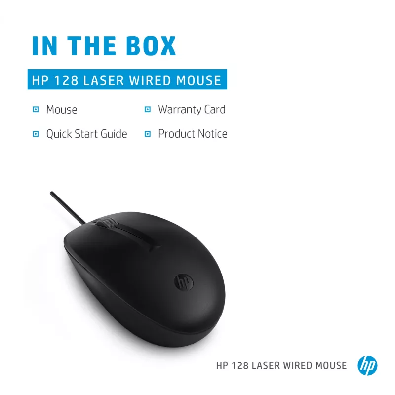 HP 128 laser kabelmuis, voor links- en rechtshandig gebruik, laser, USB Type-A, 1200 DPI, zwart