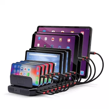Lindy 96W 10-poorts USB-laadstation, vrijstaand, kunststof, zwart, contact, met alle USB Type-A apparaten, stroomvoorziening