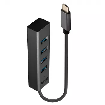 Lindy 4-poorts USB 3.2 Type-C-hub, USB 3.2 Gen 1 (3.1 Gen 1) Type-C, USB 3.2 Gen 1 (3.1 Gen 1) Type-A, 5000 Mbit/s, grijs, aluminium, kunststof, 0,3 m