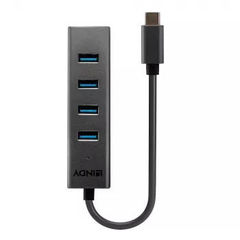 Lindy 4-poorts USB 3.2 Type-C-hub, USB 3.2 Gen 1 (3.1 Gen 1) Type-C, USB 3.2 Gen 1 (3.1 Gen 1) Type-A, 5000 Mbit/s, grijs, aluminium, kunststof, 0,3 m