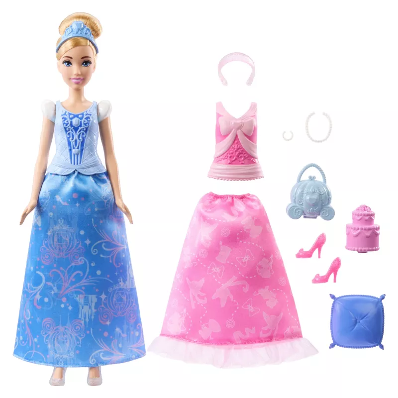 Disney Princess 2-in-1 verhalen Cinderella modepop met 2 opzetstukken, 2 rokken & 9 accessoires