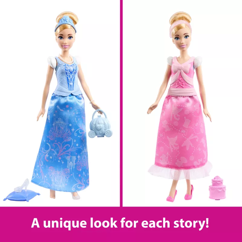 Disney Princess 2-in-1 verhalen Cinderella modepop met 2 opzetstukken, 2 rokken & 9 accessoires