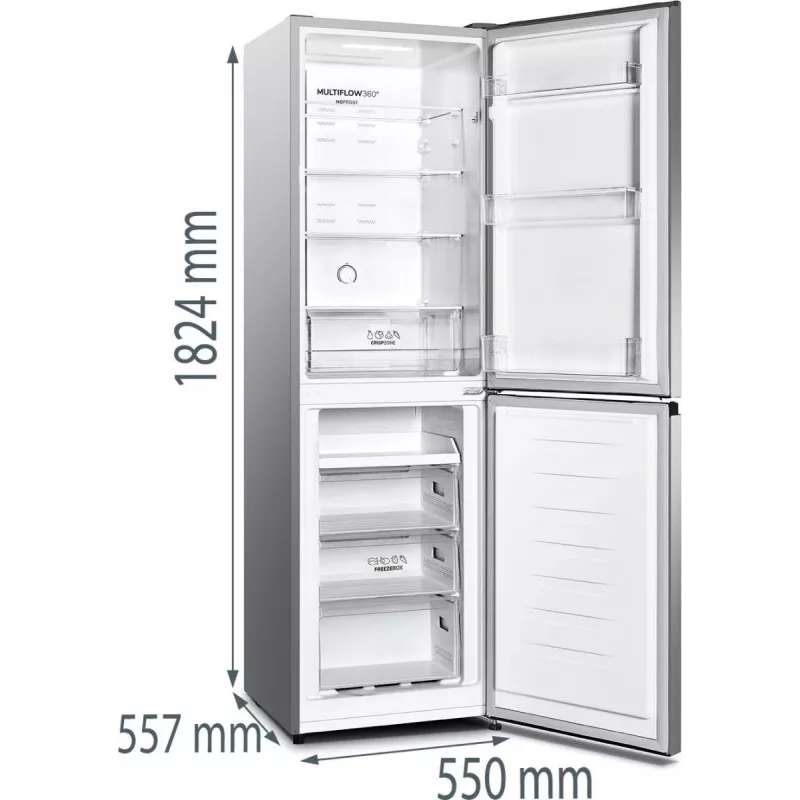Gorenje NRK418DCS4 vrijstaande koel-vriescombinatie, 256 l (171 l + 85 l), klasse D, 182,4 cm, zilver