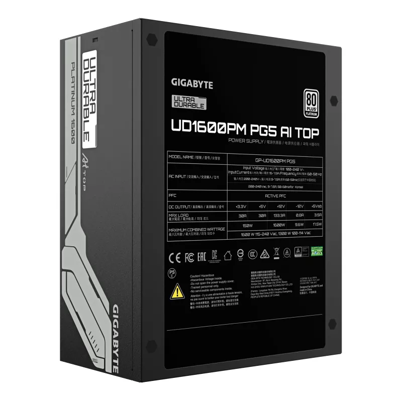 Voeding GIGABYTE UD1600PM PG5 1600W, 80 PLUS Platinum, 92% efficiëntie, 20+4-pins ATX, 120 mm ventilator, zwart