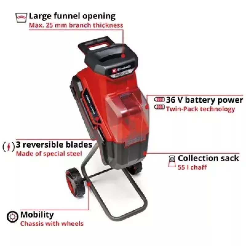 Einhell REDAXXO 36/25 accu-messenhakselaar voor de tuin, 36 V (2x18 V), max. takdikte 25 mm, solo zonder accu en lader, rood/zwart