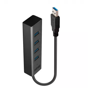 Lindy 4 poorts USB 3.0 hub, USB 3.2 Gen 1 (3.1 Gen 1) Type-A, USB 3.2 Gen 1 (3.1 Gen 1) Type-A, 5000 Mbit/s, zwart, aluminium, kunststof, 0.3 m