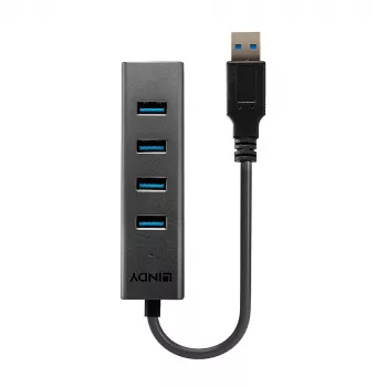 Lindy 4 poorts USB 3.0 hub, USB 3.2 Gen 1 (3.1 Gen 1) Type-A, USB 3.2 Gen 1 (3.1 Gen 1) Type-A, 5000 Mbit/s, zwart, aluminium, kunststof, 0.3 m
