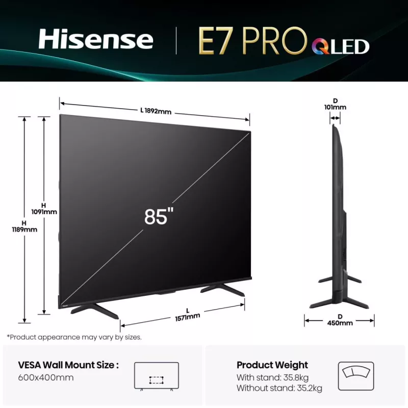 Hisense 85E77Q PRO 2,16 m (85") QLED 4K Ultra HD Smart TV, 144 Hz, wifi, drievoudige tuner, USB-opname, zwart