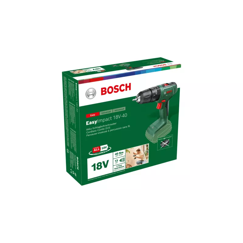Bosch EasyImpact 18V-40 06039D8100 accu-klopboor-/schroefmachine, 1630 tpm, 24450 slagen/min, snelspanboorkop, zonder accu en lader, groen/zwart