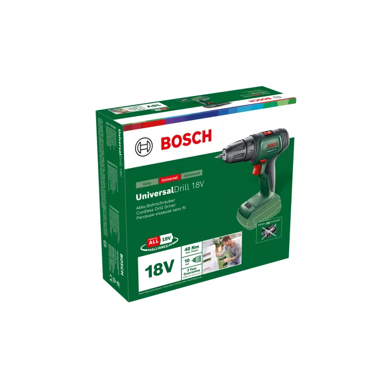 Bosch UniversalDrill 18V 06039D4000 accuboor-/schroefmachine, 40 Nm, 1450 tpm, 2 snelheden, snelspanboorkop, zonder accu en lader, groen/zwart