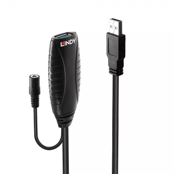 Lindy 10m USB 3.0 actieve verlenging, 10 m, USB A, USB A, USB 3.2 Gen 1 (3.1 Gen 1), 5 Gbit/s, zwart