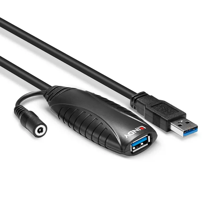 Lindy 43156 actieve USB 3.0-verlengkabel, USB-A-stekker naar USB-A-aansluiting, 10 m, USB 3.2 Gen 1, 5 Gbit/s, zwart