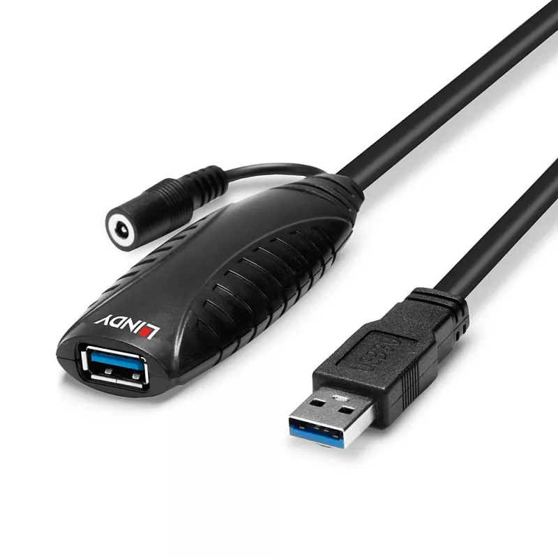 Lindy 43156 actieve USB 3.0-verlengkabel, USB-A-stekker naar USB-A-aansluiting, 10 m, USB 3.2 Gen 1, 5 Gbit/s, zwart