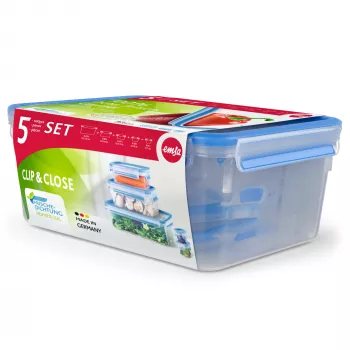 EMSA CLIP & CLOSE 508568 bewaarcontainer voor levensmiddelen rechthoekig set 3,7 L blauw, transparant 5 stuks