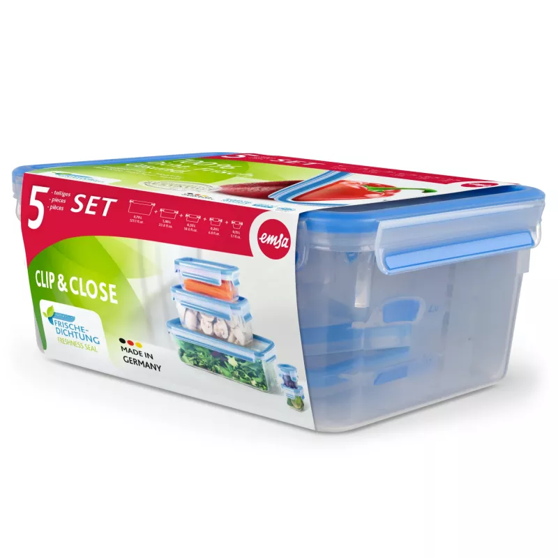 EMSA CLIP & CLOSE 508568 bewaarcontainer voor levensmiddelen rechthoekig set 3,7 L blauw, transparant 5 stuks