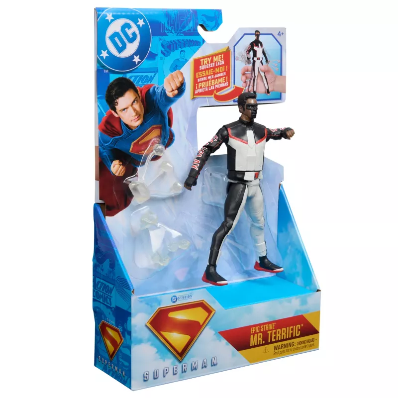 DC Comics, SUPERMAN, Mr. Terrific, Epic Strike actiefiguur, 15 cm groot, authentiek filmdesign, inclusief 2 accessoires, speelgoed voor jongens en meisjes vanaf 4 jaar