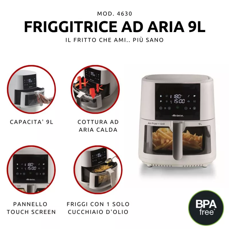 Ariete 4630/03 heteluchtfriteuse, 9 l, 1500 W, capaciteit van 3,5 kg, tot 200 °C, touchbediening, wit