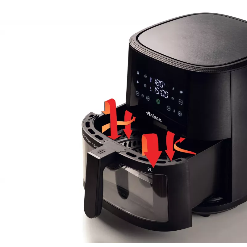 Ariete 4630/00 heteluchtfriteuse, 9 l, 1500 W, laadcapaciteit 3,6 kg, 7 programma's, tot 200°C, kijkvenster, zwart
