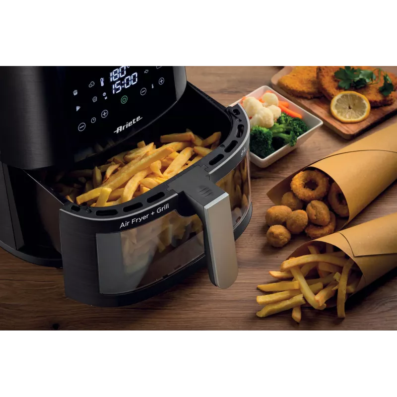 Ariete 4630/00 heteluchtfriteuse, 9 l, 1500 W, laadcapaciteit 3,6 kg, 7 programma's, tot 200°C, kijkvenster, zwart