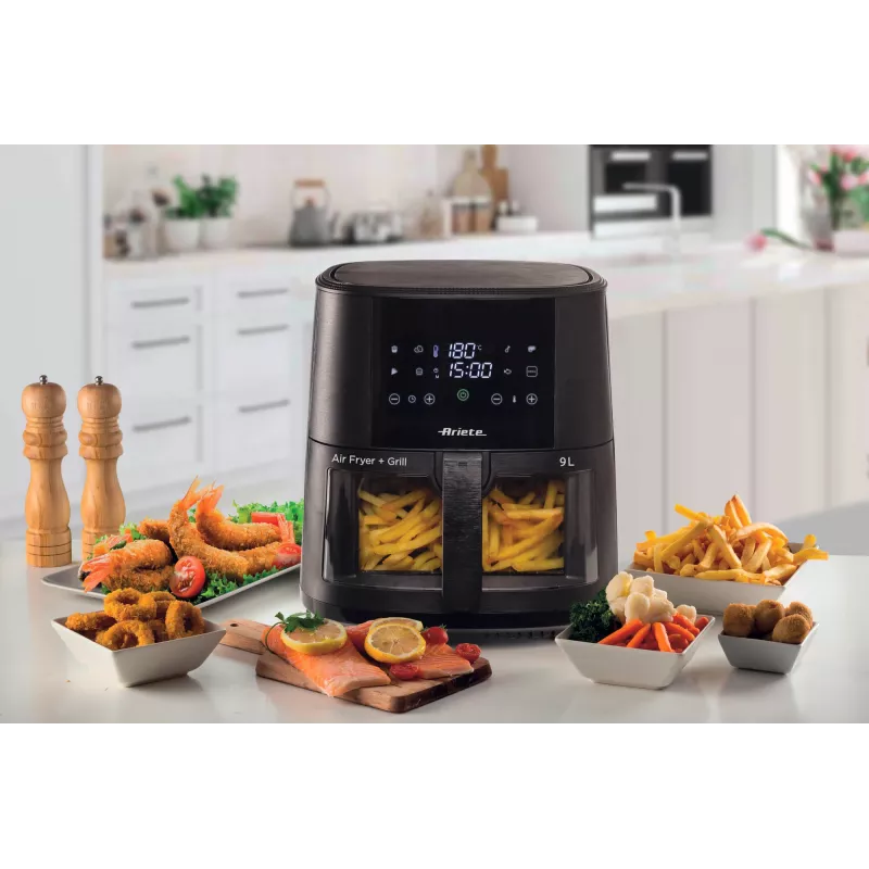 Ariete 4630/00 heteluchtfriteuse, 9 l, 1500 W, laadcapaciteit 3,6 kg, 7 programma's, tot 200°C, kijkvenster, zwart