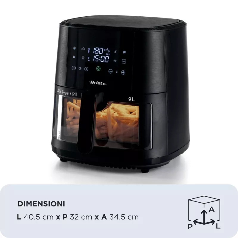 Ariete 4630/00 heteluchtfriteuse, 9 l, 1500 W, laadcapaciteit 3,6 kg, 7 programma's, tot 200°C, kijkvenster, zwart