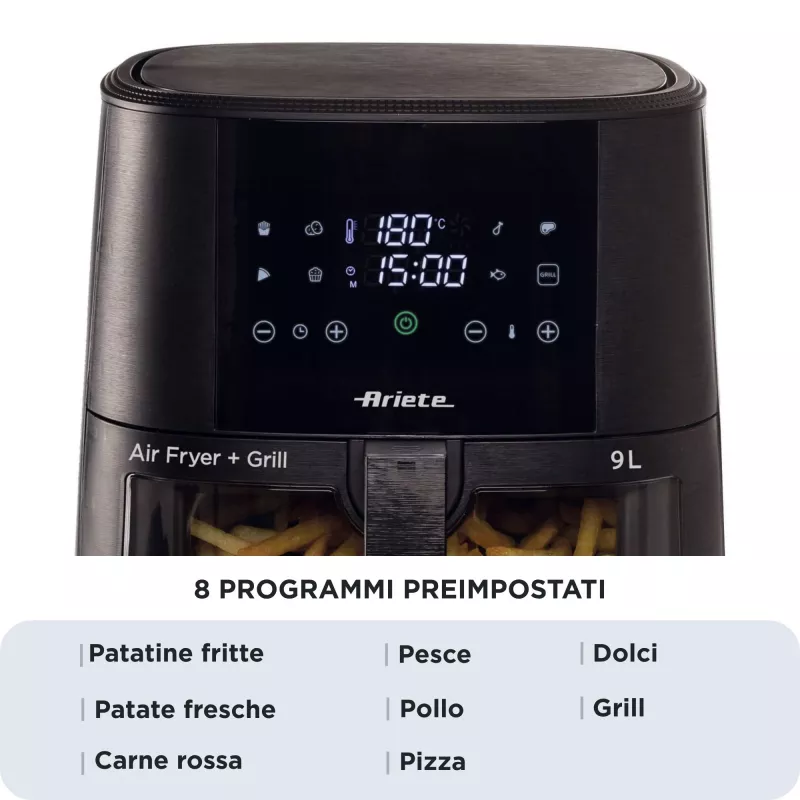 Ariete 4630/00 heteluchtfriteuse, 9 l, 1500 W, laadcapaciteit 3,6 kg, 7 programma's, tot 200°C, kijkvenster, zwart