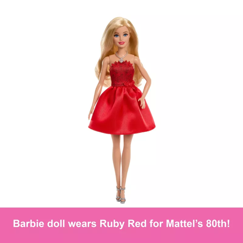 Barbie Mattel 80e jubileum robijnrode jubileummodepop met rode jurk en accessoires
