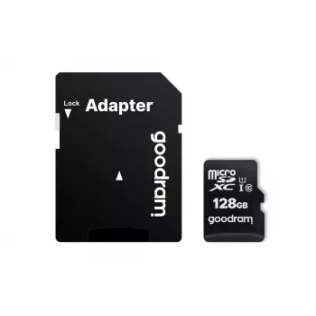 MicroSDXC flashgeheugen GOODRAM 128GB UHS‑I Class 10 (lezen 100 MB/s, schrijven 10 MB/s) met SD-adapter
