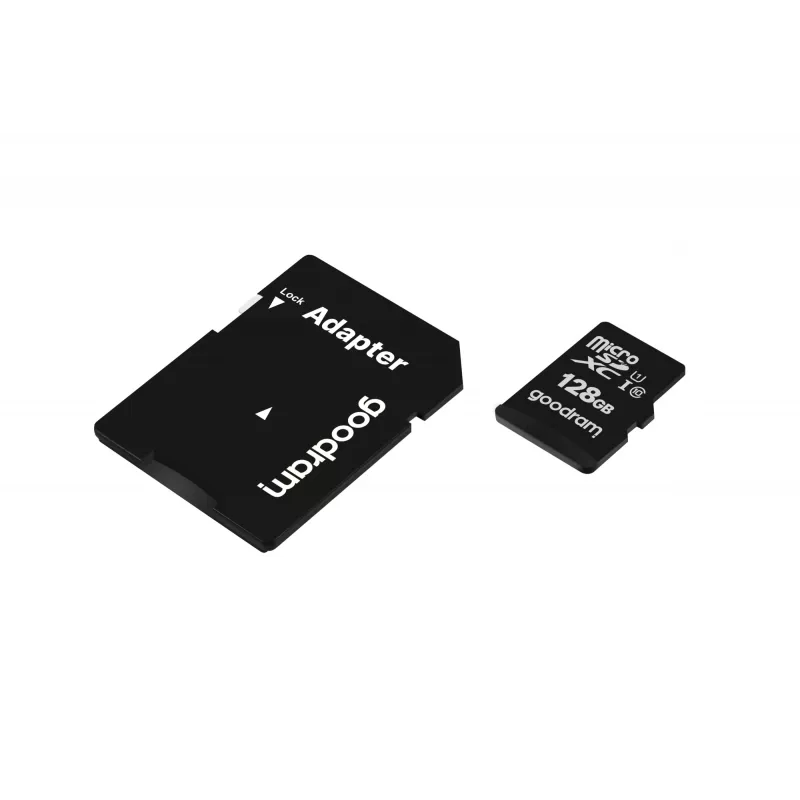 MicroSDXC flashgeheugen GOODRAM 128GB UHS‑I Class 10 (lezen 100 MB/s, schrijven 10 MB/s) met SD-adapter