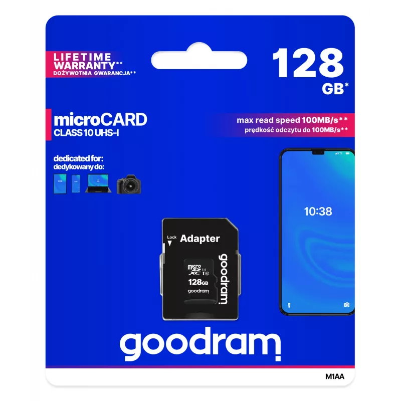 MicroSDXC flashgeheugen GOODRAM 128GB UHS‑I Class 10 (lezen 100 MB/s, schrijven 10 MB/s) met SD-adapter