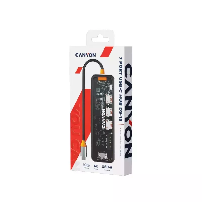 Canyon DS-13 CNS-TDS13 7-in-1 USB-C-hub, 4K HDMI, 3x USB 3.0, USB-C PD 100W, SD/microSD-kaartlezer, transparant Space Grey