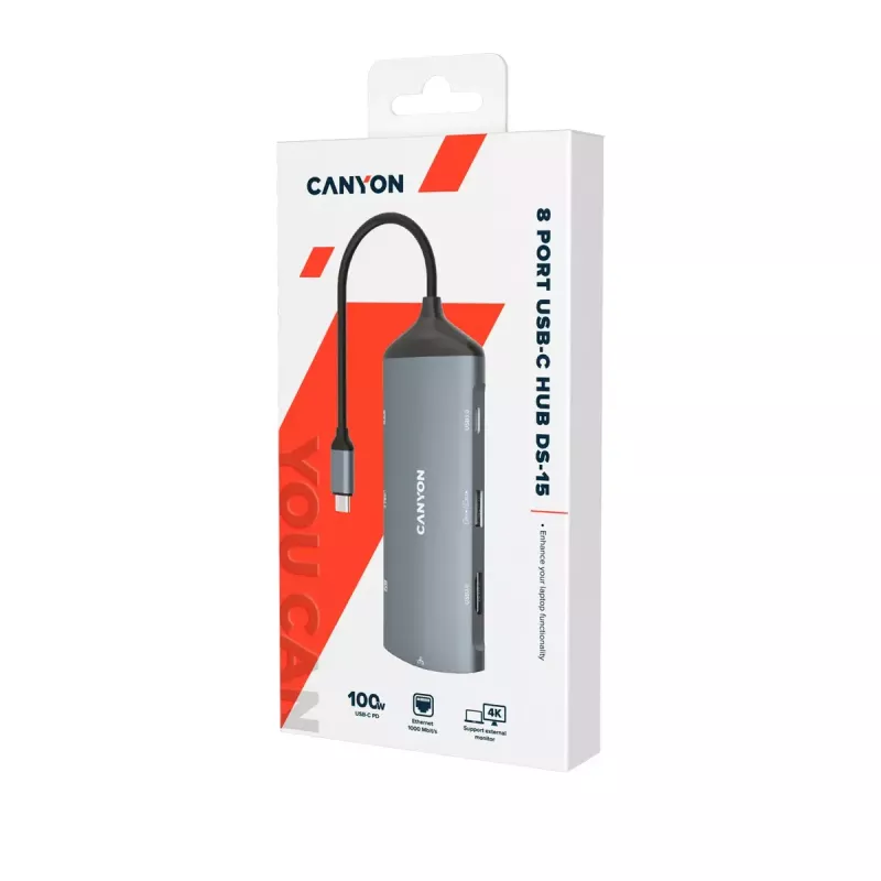 Canyon DS-15 USB 3.2 Gen 1 Type-C grijs 100W Power Delivery Ethernet 1 Gbps