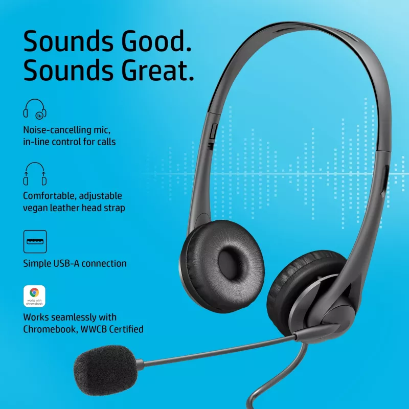 HP stereo USB-headset G2, bedraad, kantoor/callcenter, 90 g, headset, zwart