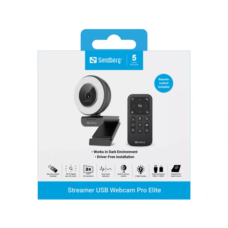 Sandberg Streamer USB-webcam Pro Elite 2560x1440 60fps zwart