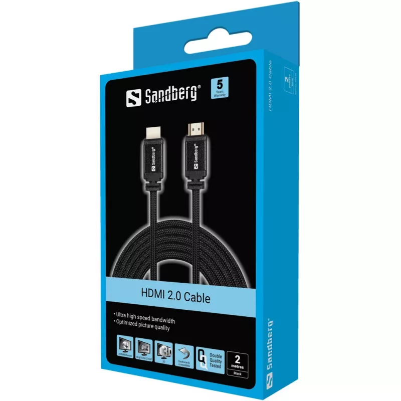 Sandberg HDMI 2.0-kabel 19M-19M, 2 m, HDMI Type A (standaard), HDMI Type A (standaard), zwart