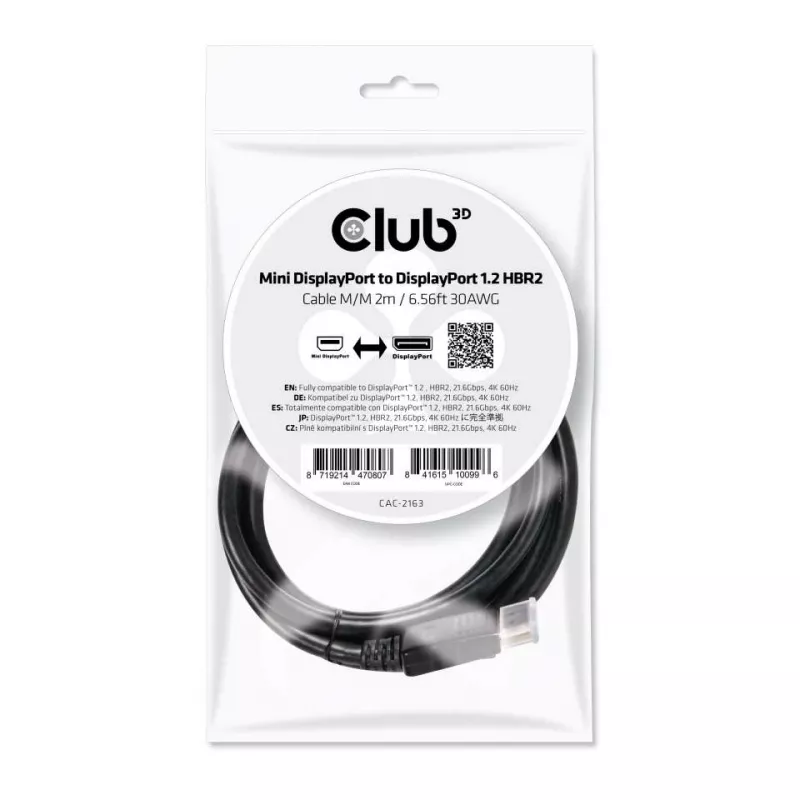 Club 3D CAC-2163 Mini DisplayPort naar DisplayPort 1.2 HBR2 kabel, male/male, 2 m (6,56 ft), 4K60Hz