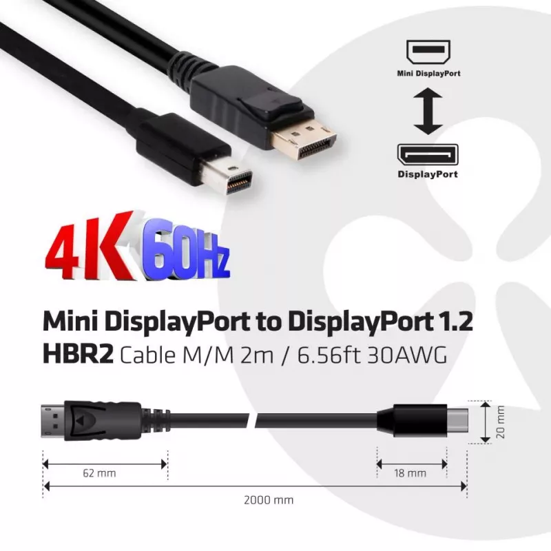 Club 3D CAC-2163 Mini DisplayPort naar DisplayPort 1.2 HBR2 kabel, male/male, 2 m (6,56 ft), 4K60Hz