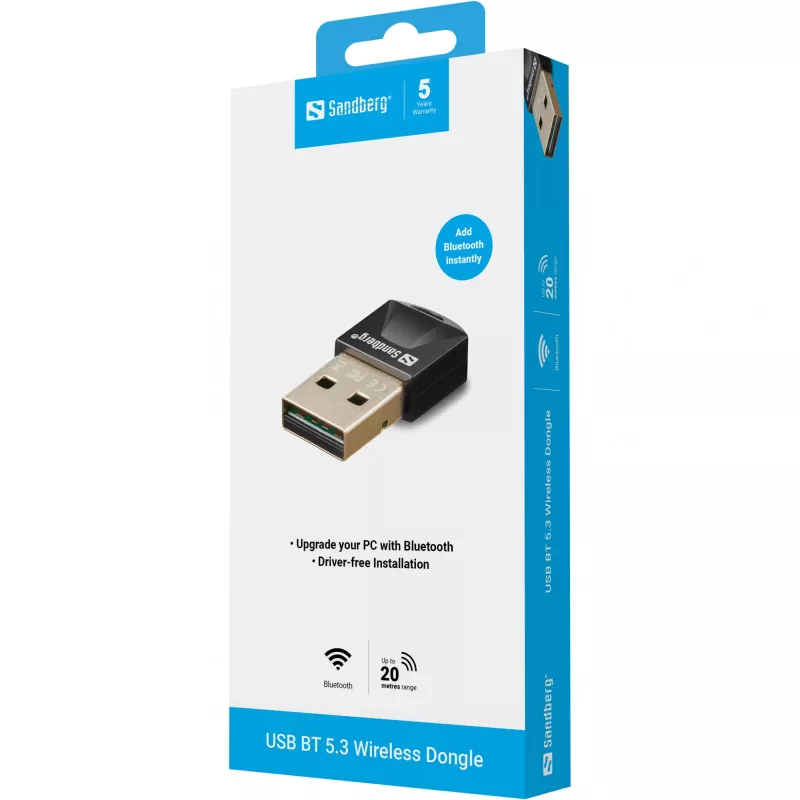 Sandberg USB BT 5.3 draadloze dongle, draadloos, USB, Bluetooth, 3 Mbit/s, zwart