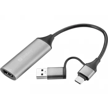 Sandberg HDMI Capture Link naar USB-C/A, HDMI Type A (standaard), USB Type-A + USB Type-C, bus, stekker, recht, recht