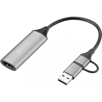 Sandberg HDMI Capture Link naar USB-C/A, HDMI Type A (standaard), USB Type-A + USB Type-C, bus, stekker, recht, recht