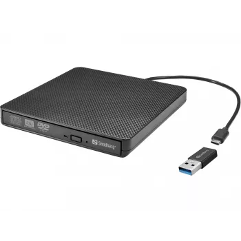 Sandberg USB-C/A dvd-station, zwart, tray, desktop/laptop, DVD Super Multi DL, USB Type-C, CD-R, CD-ROM, CD-RW, DVD+R DL, DVD-R, DVD-R DL, DVD-RAM, DVD-ROM, DVD-RW