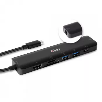 CLUB3D USB-C 7-in-1 hub HDMI 4K60Hz SD TF-kaartslot 2x USB Type-A USB Type-C PD RJ45 werkt met Thunderbolt 3