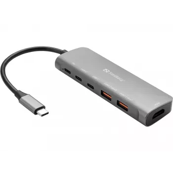 Sandberg USB-C-dock HDMI + 2xUSB-A + 2xUSB-C + PD100W, bekabeld, USB 3.2 Gen 1 (3.1 Gen 1) Type-C, 100 W, aluminium, 4K Ultra HD, 3840 x 2160 pixels
