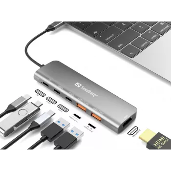 Sandberg USB-C-dock HDMI + 2xUSB-A + 2xUSB-C + PD100W, bekabeld, USB 3.2 Gen 1 (3.1 Gen 1) Type-C, 100 W, aluminium, 4K Ultra HD, 3840 x 2160 pixels