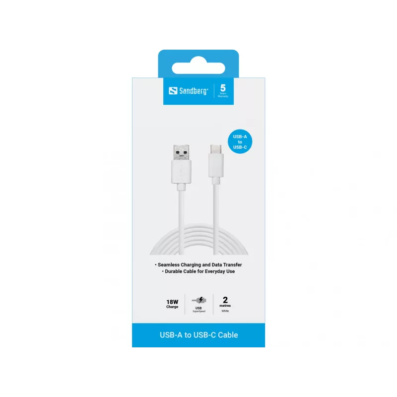 Sandberg 136-14 USB-C 3.1 naar USB-A 3.0 kabel, 2 m, male/male, wit